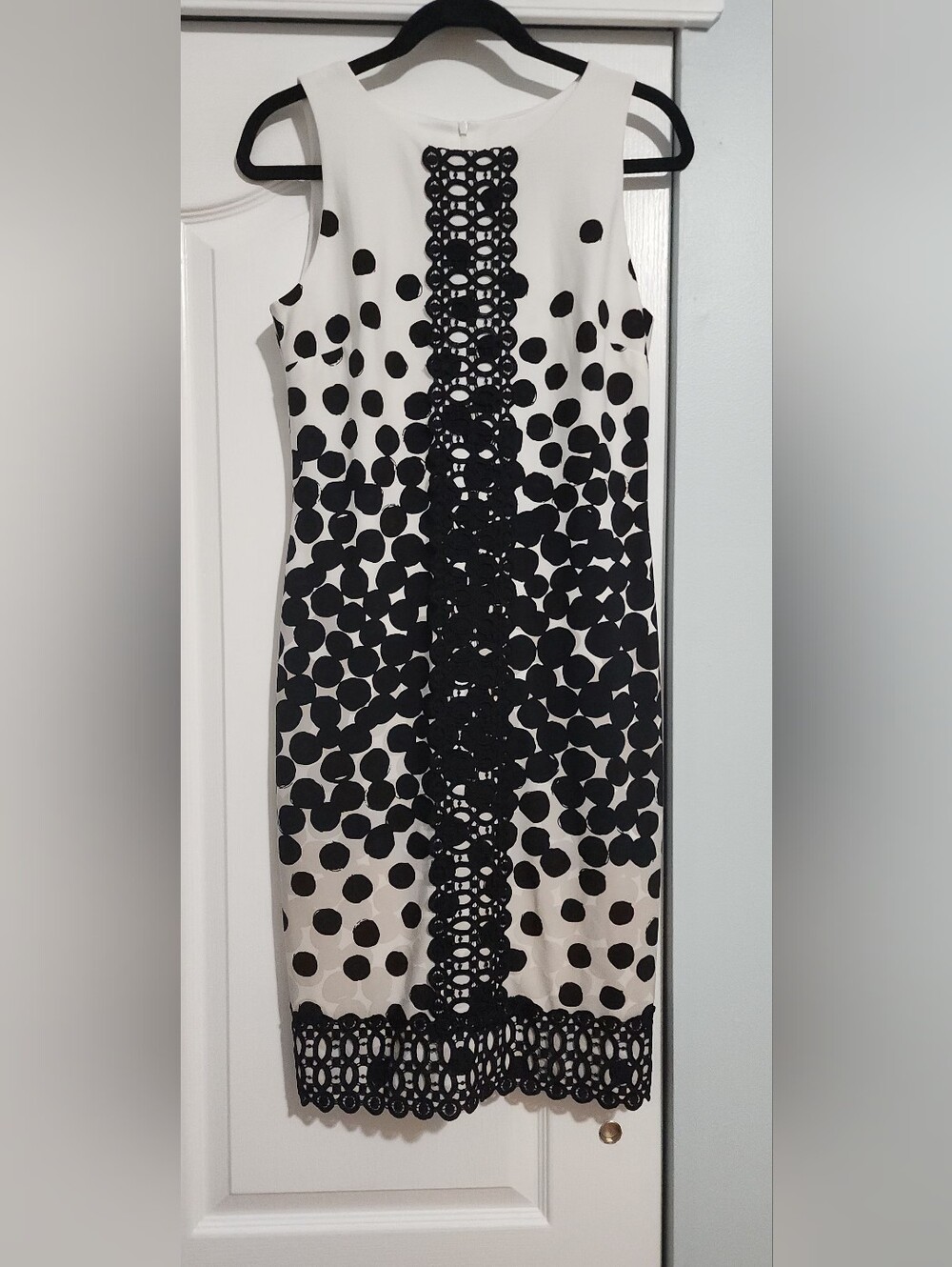 Joseph Ribkoff Black and White Polka Dot Lace-Trim Sheath Dress